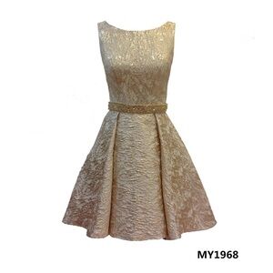 Gold Textured Fit-and-Flare Party Dress with Beaded Waist